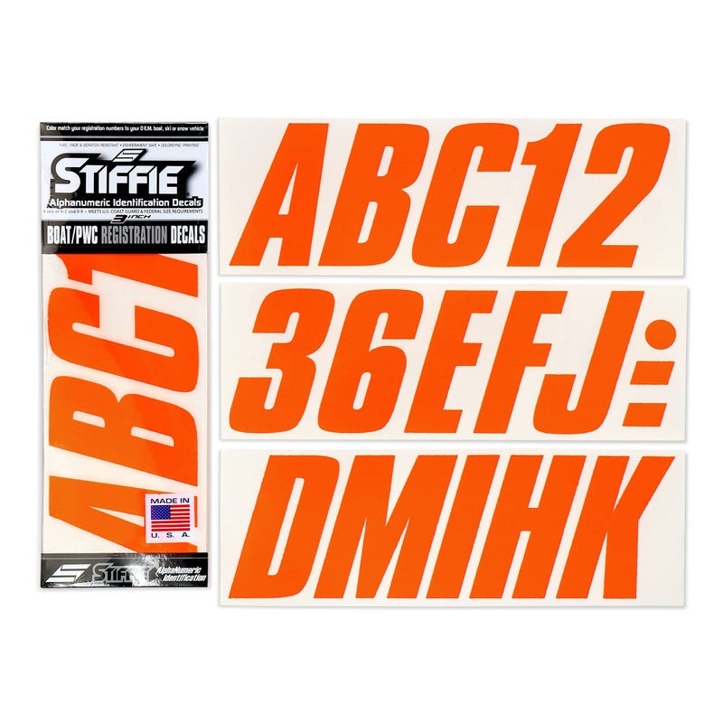 Stiffie Shift 3" ID Kit Alpha-Numeric Registration Identification Numbers Stickers Decals for Boats & Personal Watercraft (Electric Orange) - Image 1